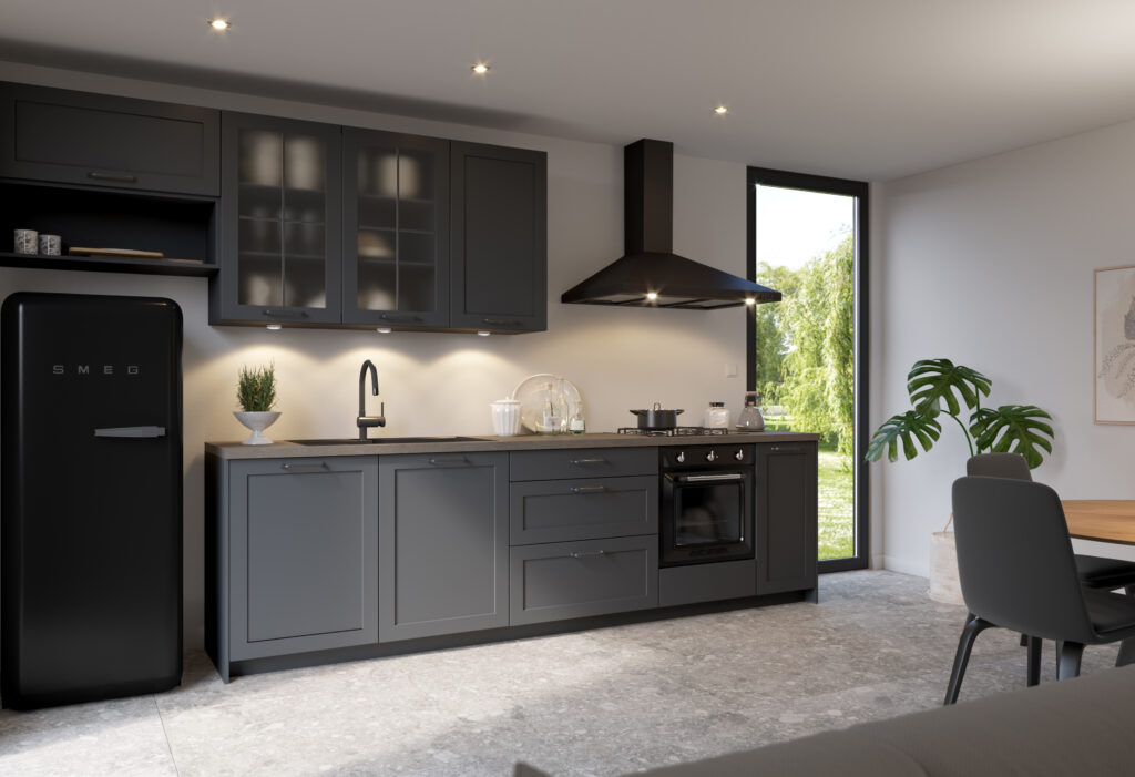 Cuisine moderne avec meubles gris, réfrigérateur noir, hotte et four intégrés. Plante verte et table en bois à droite. Luminosité naturelle abondante.