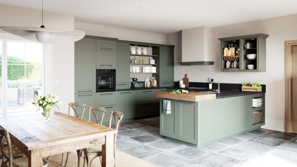 Cuisine cottage de couleur vert roseau