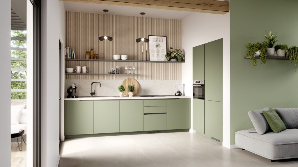 Cuisine vert sauge avec mur accoustique en bois