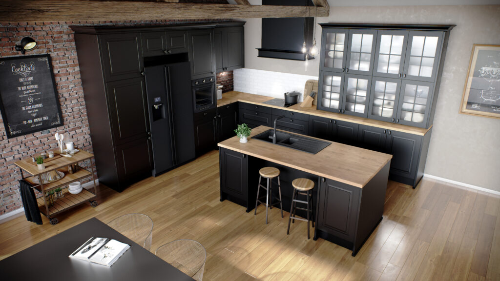 Vue en plongée d'une cuisine cottage aux façades noires