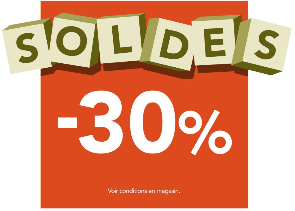 Texte en lettres blanches indiquant "-30%" sur fond orange, avec le mot "SOLDES" en cubes verts au-dessus.