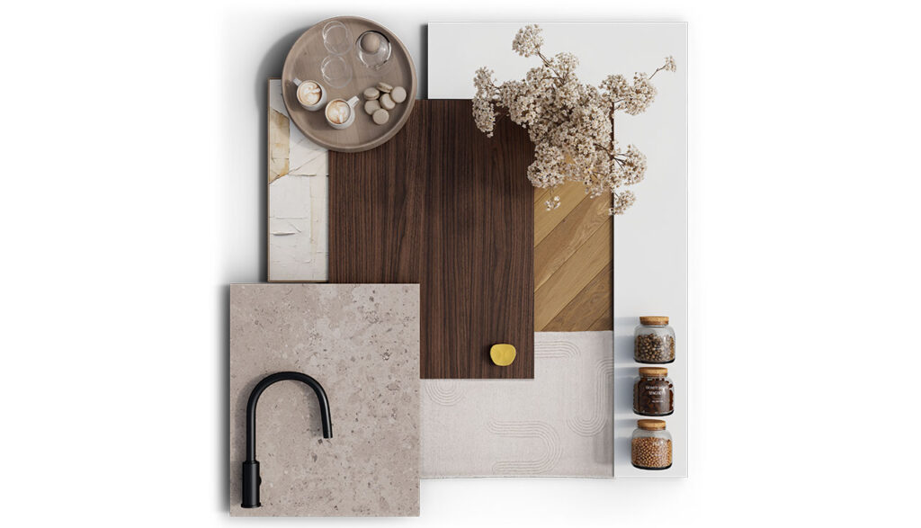 Assemblage de matériaux et objets vus de dessus : panneaux blanc, bois clair et bois foncé, surface beige, robinet noir, plateau avec tasses, fleurs séchées et bocaux.