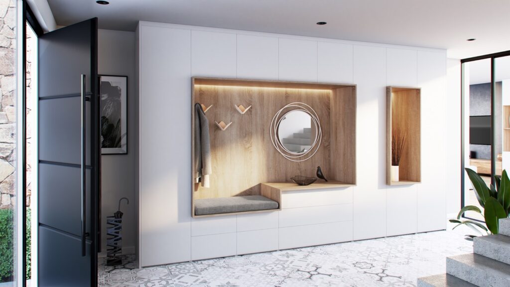 Meuble èggo, sur mesure pour hall d'entrée, couleur blanc et bois