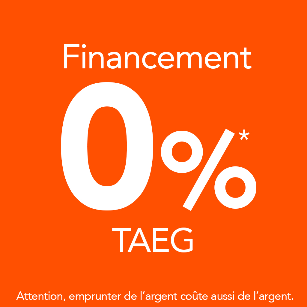 Texte blanc « Financement », « 0 %* » et « TAEG » centré sur un fond orange uni, avec une mention légale en bas de l’image.