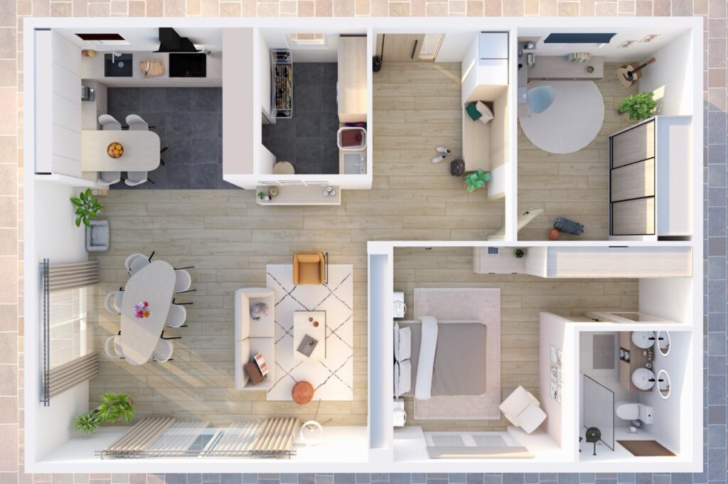 Vue de dessus d’un appartement avec cuisine blanche et noire, salle à manger, salon, chambre, salle de bain, bureau et sols en bois clair.