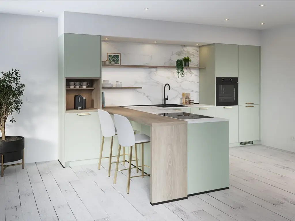 Cuisine moderne vert d'eau avec îlot central bar en bois se prolongeant par un bar en bois et deux chaises hautes blanches