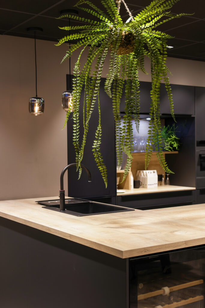 Cuisine noire moderne avec évier noir et plan de travail en bois ainsi qu'une plante pendue au plafond