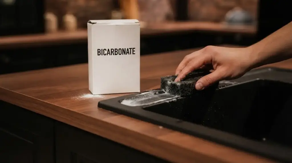 Nettoyage d'un évier avec du bicarbonate de soude