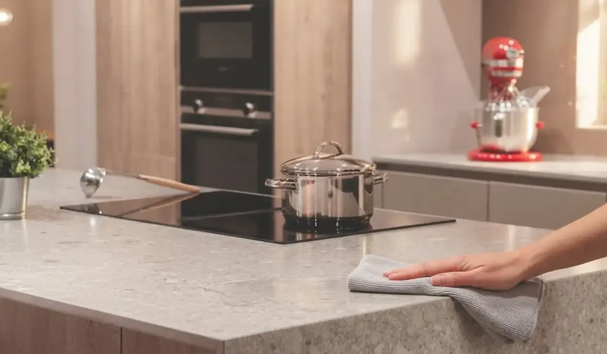 Main nettoyant un plan de travail de cuisine en granit