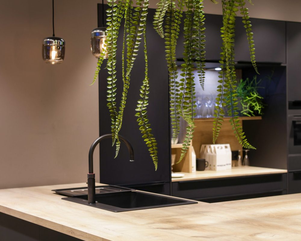 Cuisine noire moderne avec évier noir et plan de travail en bois ainsi qu'une plante pendue au plafond